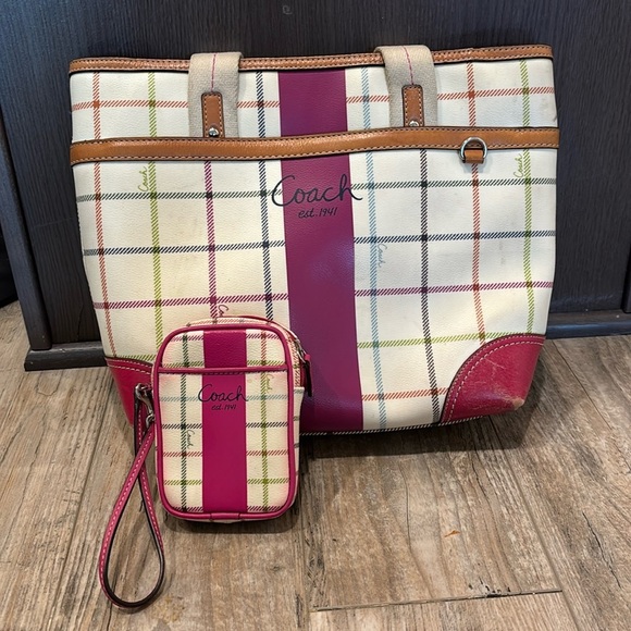 Coach Handbags - Coach Pink and Cream Plaid Tote Bag with Matching Small Pouch